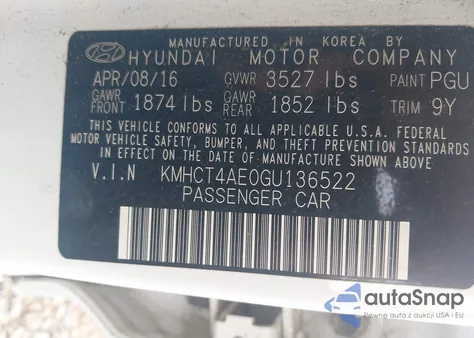 2016 Hyundai Accent Se z USA, uszkodzony, nr VIN KMHCT4AE0GU136522